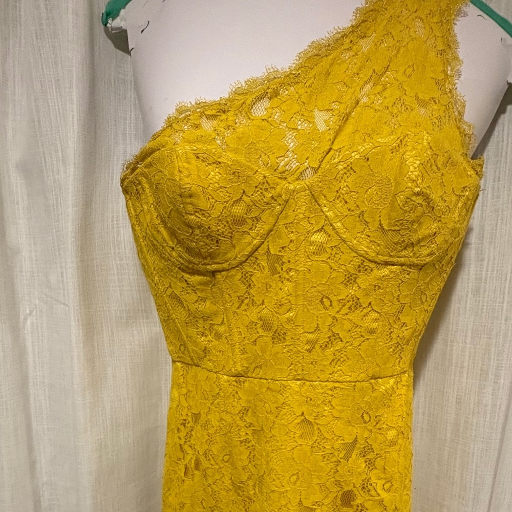 Lace one shoulder yellow mini dress BCBG